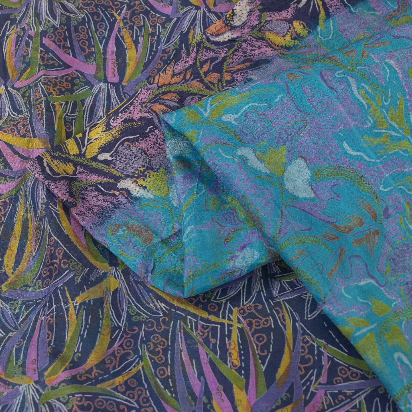 Sanskriti Vintage Sarees Blue Indian 100%Pure Silk Printed Sari 6yd Craft Fabric