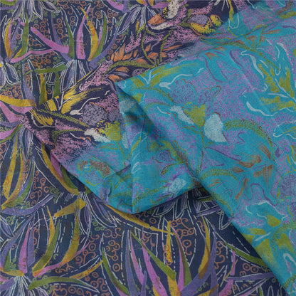 Sanskriti Vintage Sarees Blue Indian 100%Pure Silk Printed Sari 6yd Craft Fabric