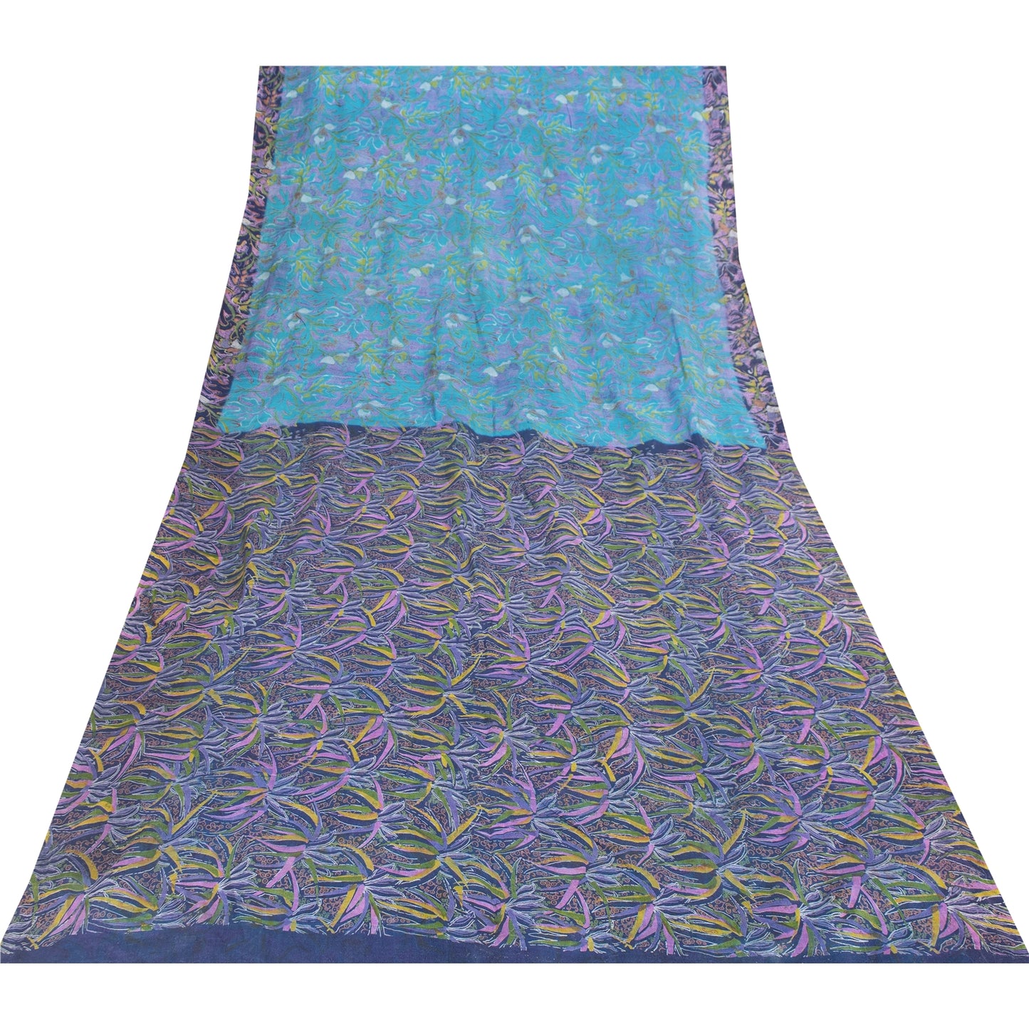 Sanskriti Vintage Sarees Blue Indian 100%Pure Silk Printed Sari 6yd Craft Fabric