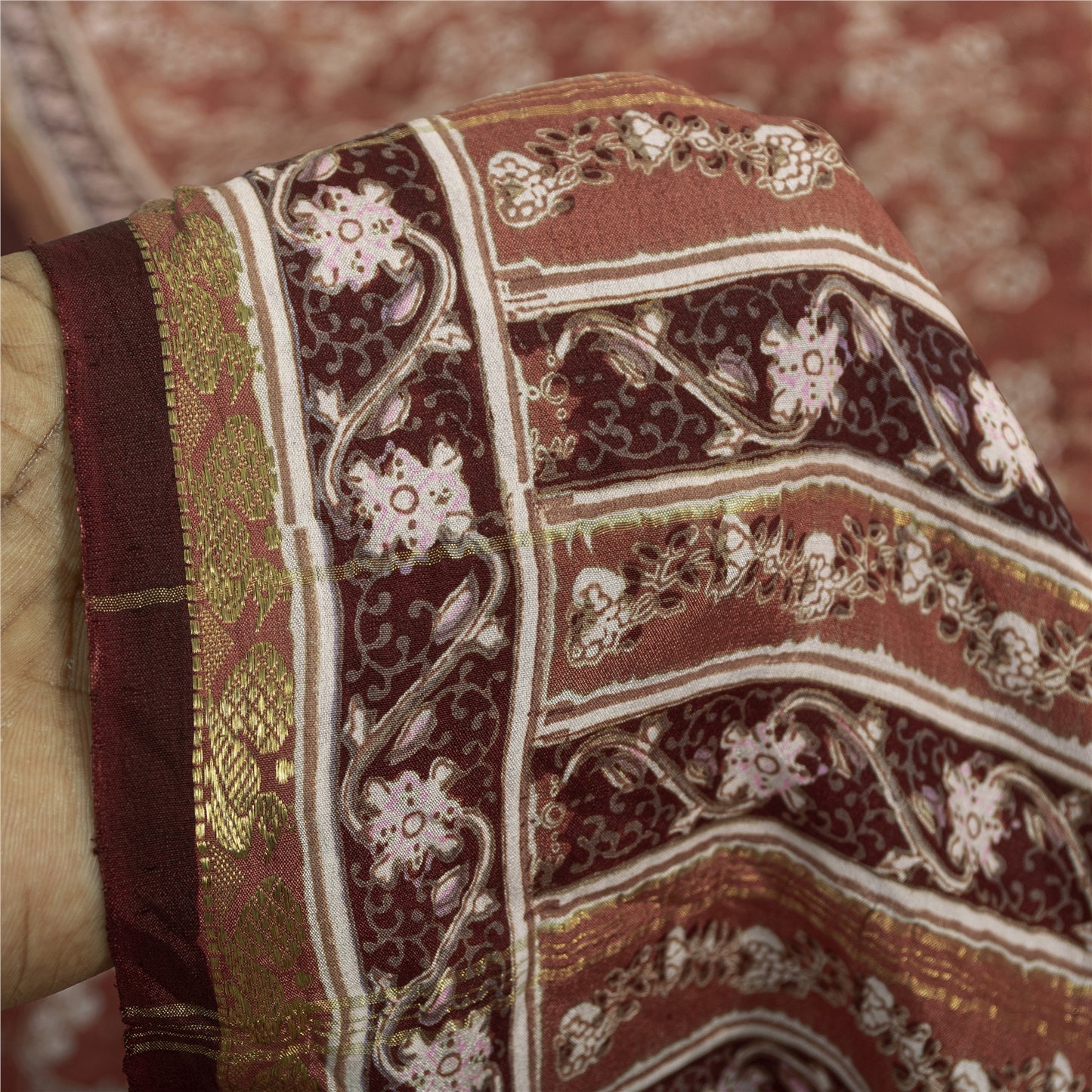 Sanskriti Vintage Sarees Brown Indian Pure Silk Printed Sari 6yd Craft Fabric