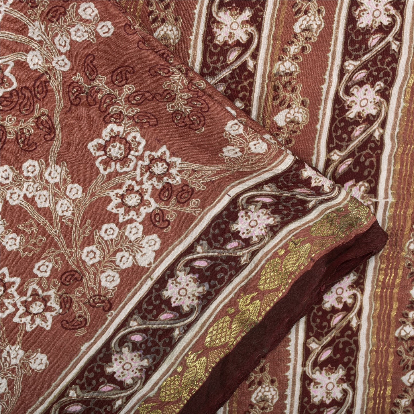 Sanskriti Vintage Sarees Brown Indian Pure Silk Printed Sari 6yd Craft Fabric