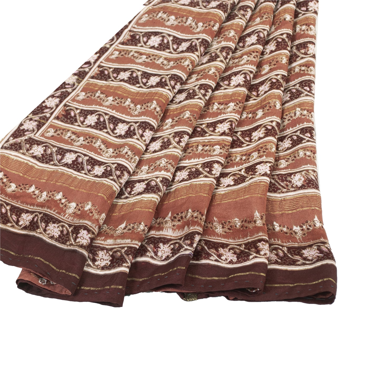 Sanskriti Vintage Sarees Brown Indian Pure Silk Printed Sari 6yd Craft Fabric