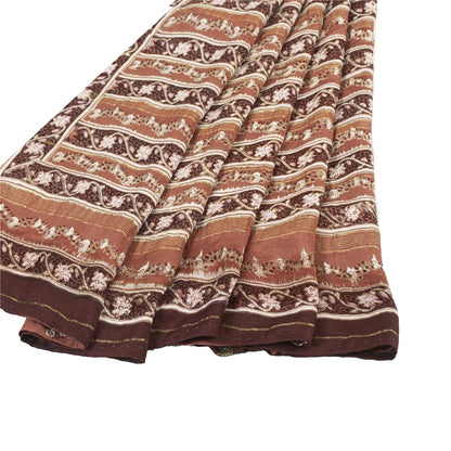 Sanskriti Vintage Sarees Brown Indian Pure Silk Printed Sari 6yd Craft Fabric