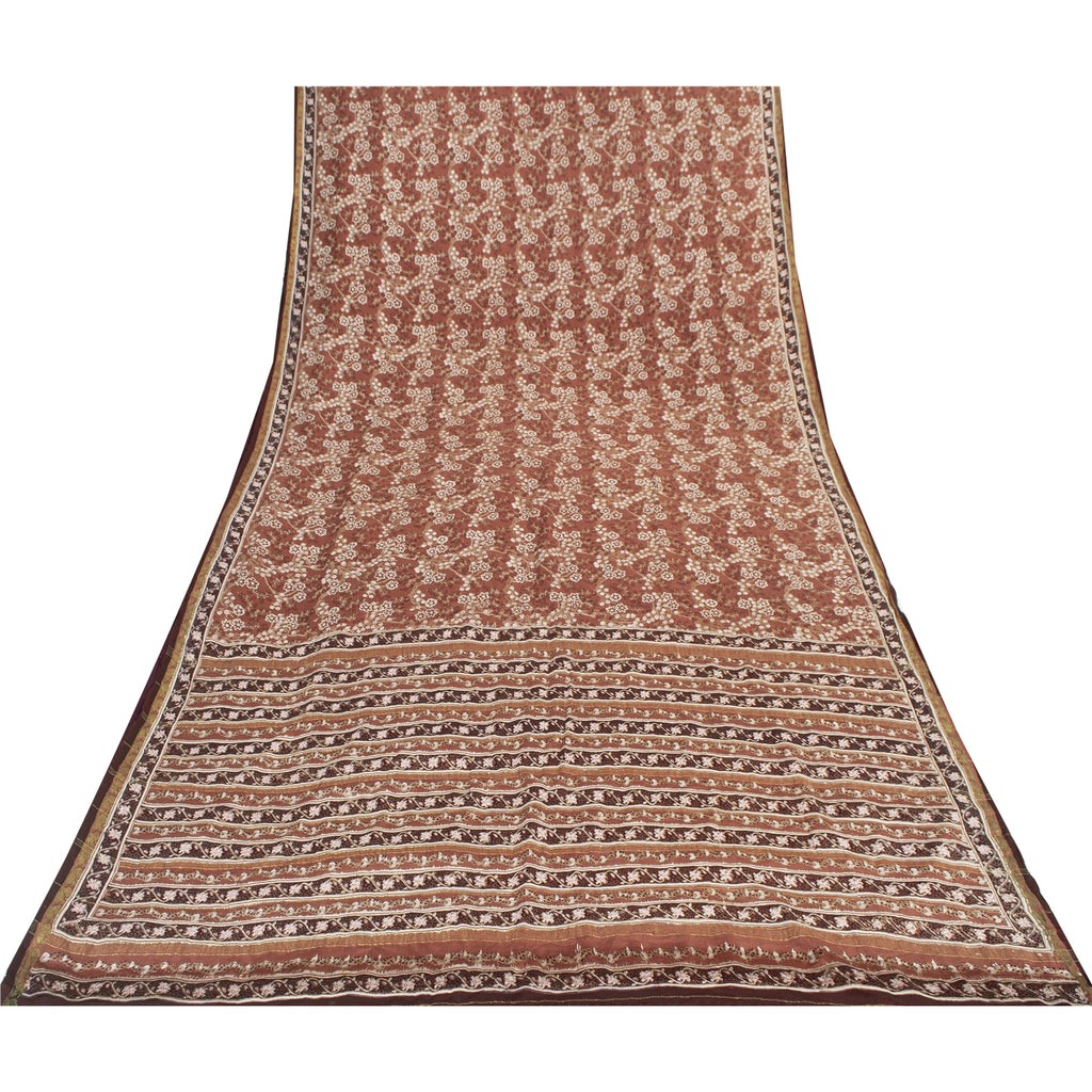Sanskriti Vintage Sarees Brown Indian Pure Silk Printed Sari 6yd Craft Fabric