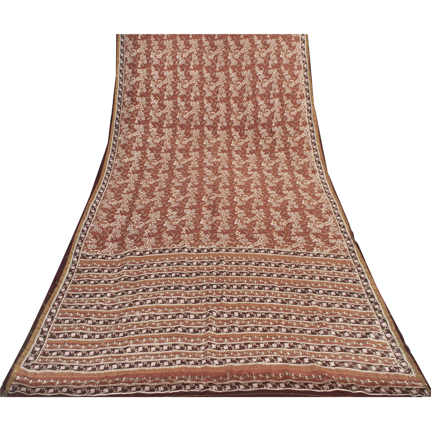 Sanskriti Vintage Sarees Brown Indian Pure Silk Printed Sari 6yd Craft Fabric