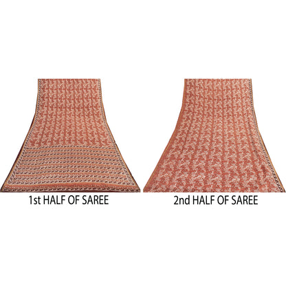 Sanskriti Vintage Sarees Brown Indian Pure Silk Printed Sari 6yd Craft Fabric