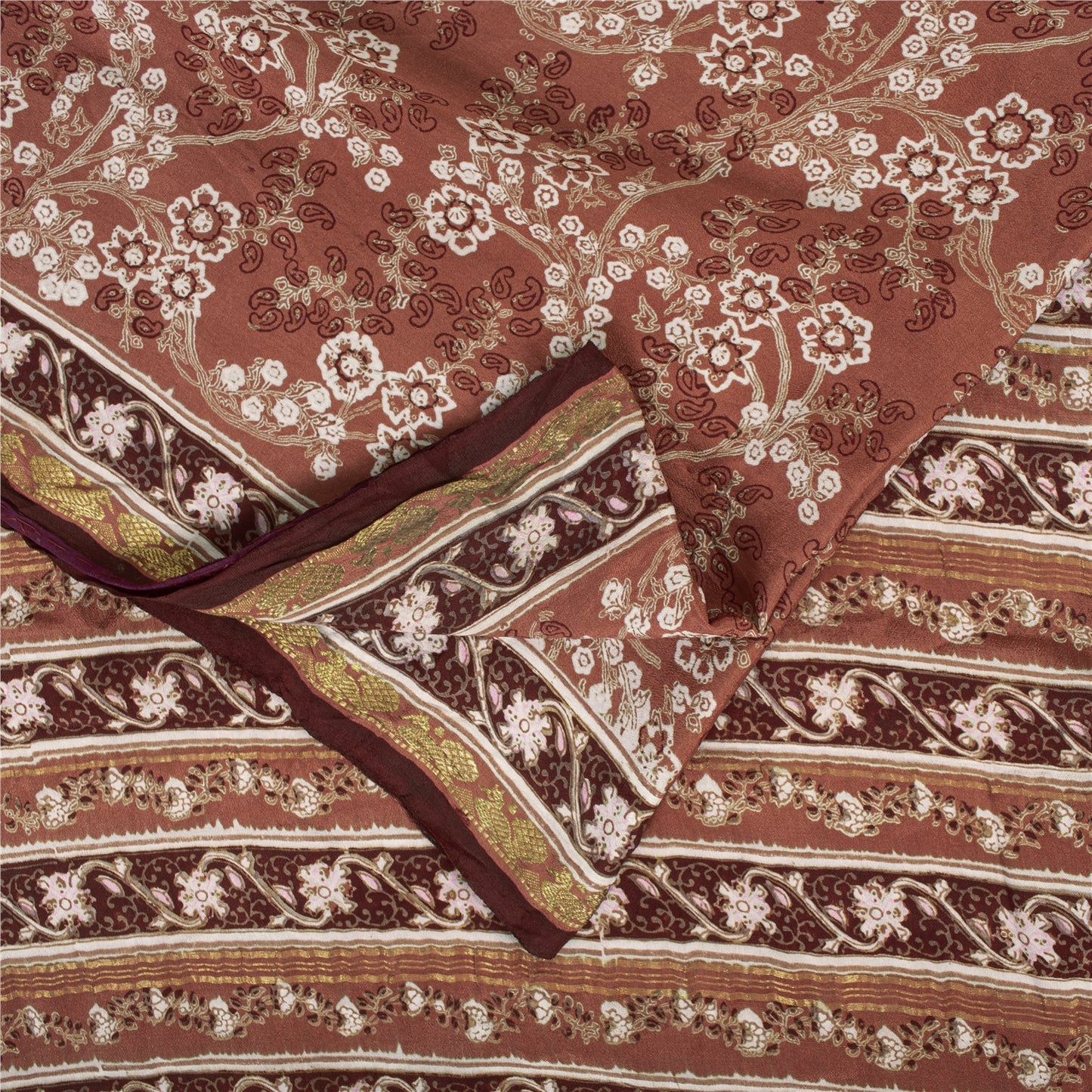 Sanskriti Vintage Sarees Brown Indian Pure Silk Printed Sari 6yd Craft Fabric