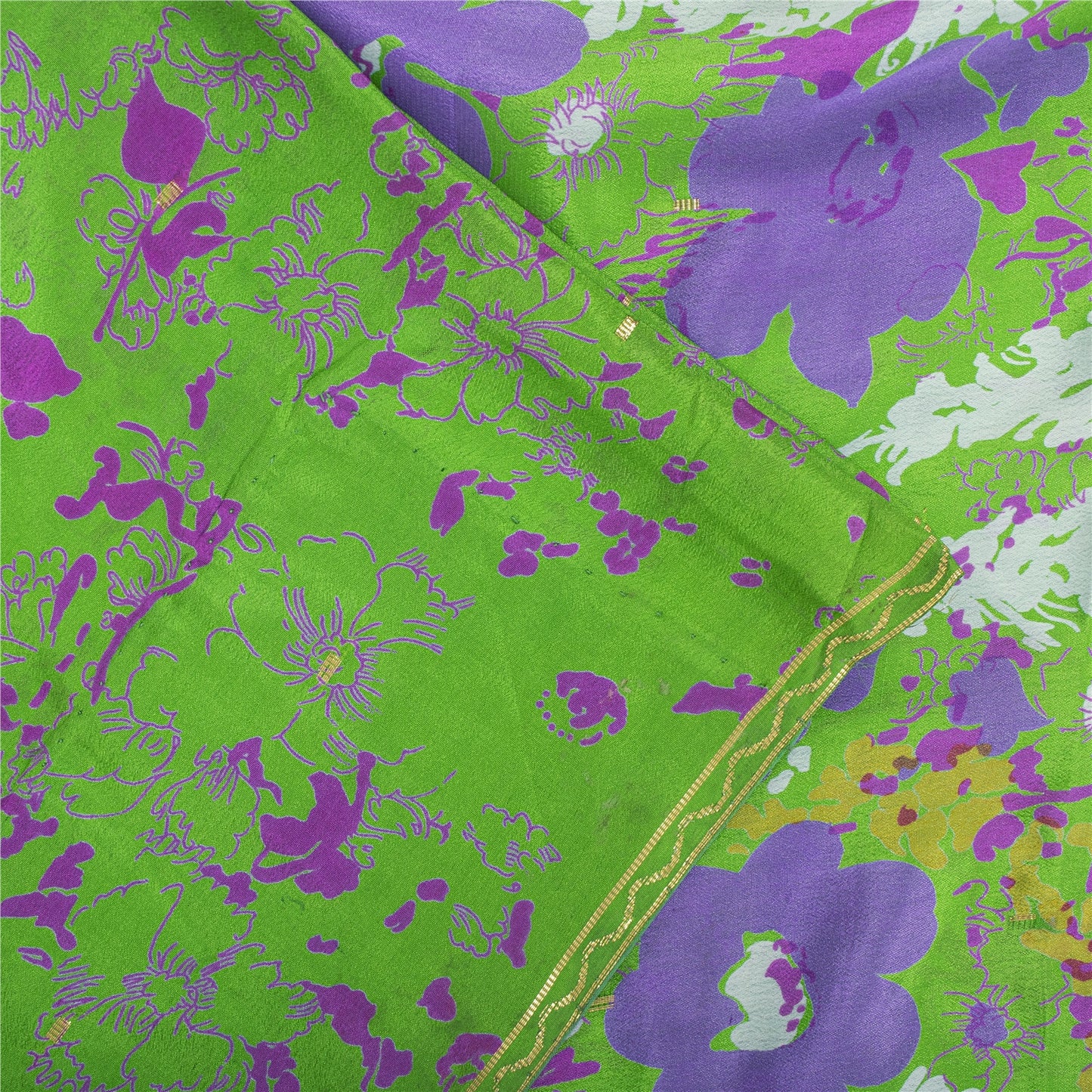 Sanskriti Vintage Sarees Green Pure Silk Floral Printed Sari 6+yd Craft Fabric