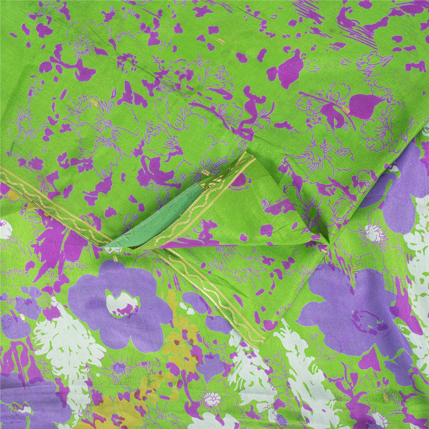 Sanskriti Vintage Sarees Green Pure Silk Floral Printed Sari 6+yd Craft Fabric