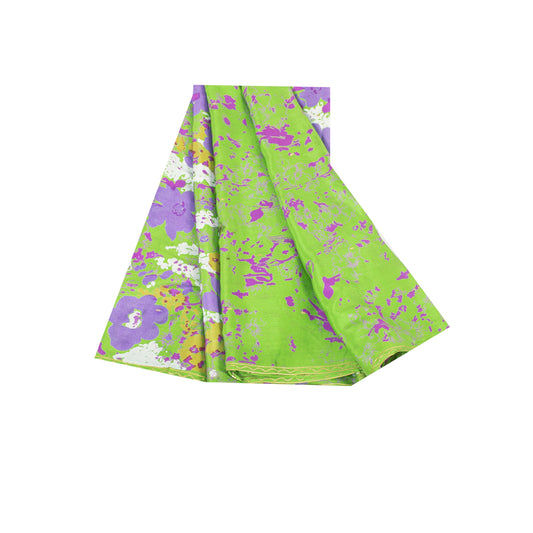 Sanskriti Vintage Sarees Green Pure Silk Floral Printed Sari 6+yd Craft Fabric