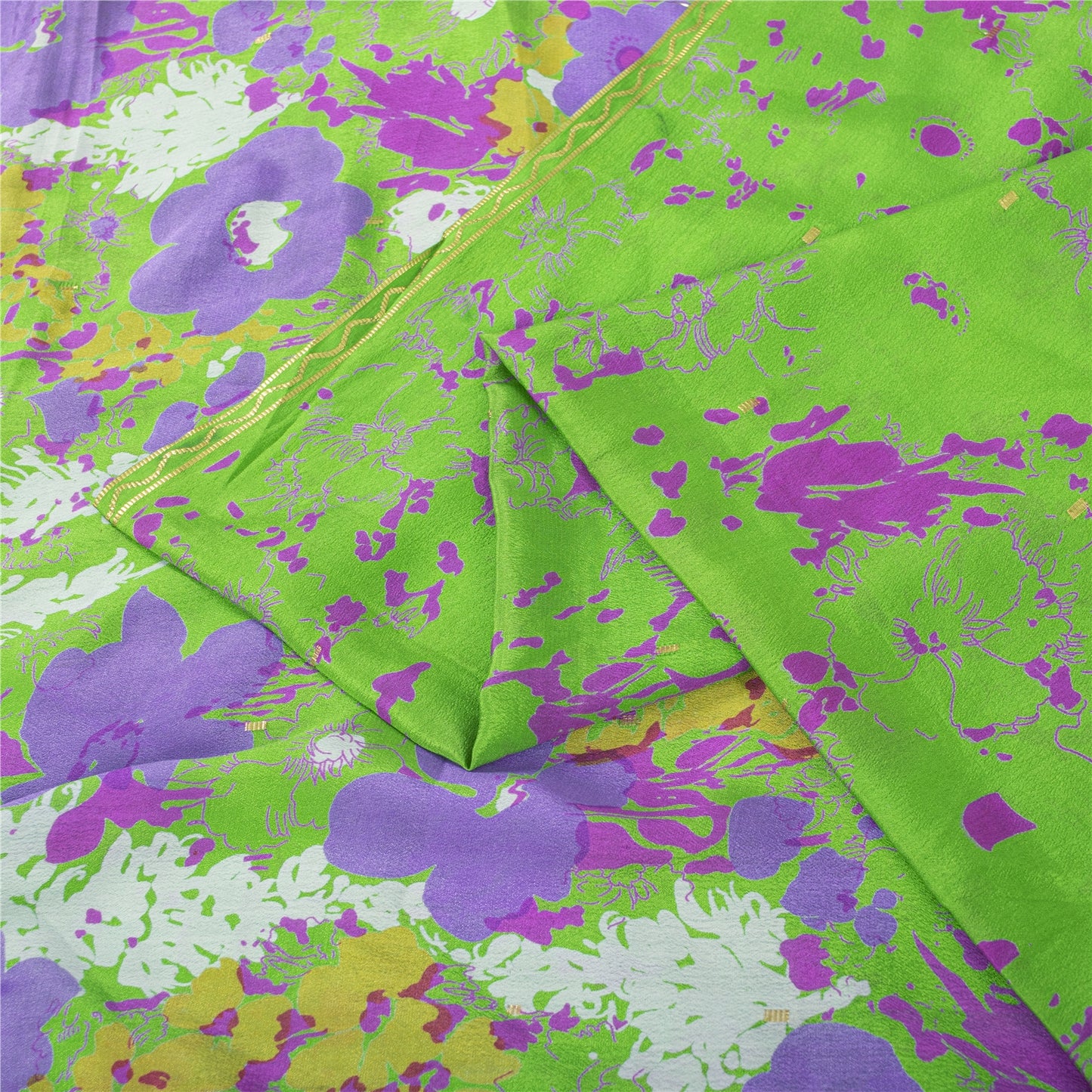 Sanskriti Vintage Sarees Green Pure Silk Floral Printed Sari 6+yd Craft Fabric