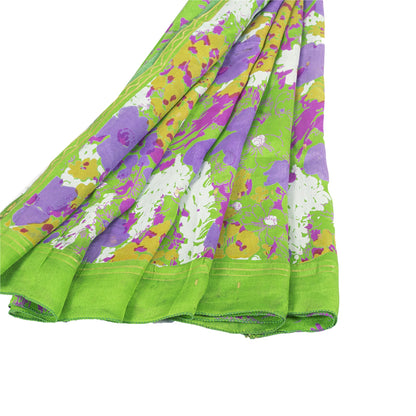Sanskriti Vintage Sarees Green Pure Silk Floral Printed Sari 6+yd Craft Fabric