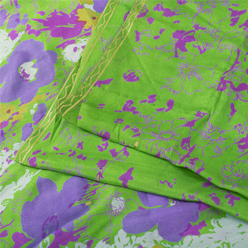 Sanskriti Vintage Saree Green 100% Pure Silk Floral Printed Saree 6+Yd Craft Fabric Sari Golden  Thread Woven Border For Upcycled,Sarong