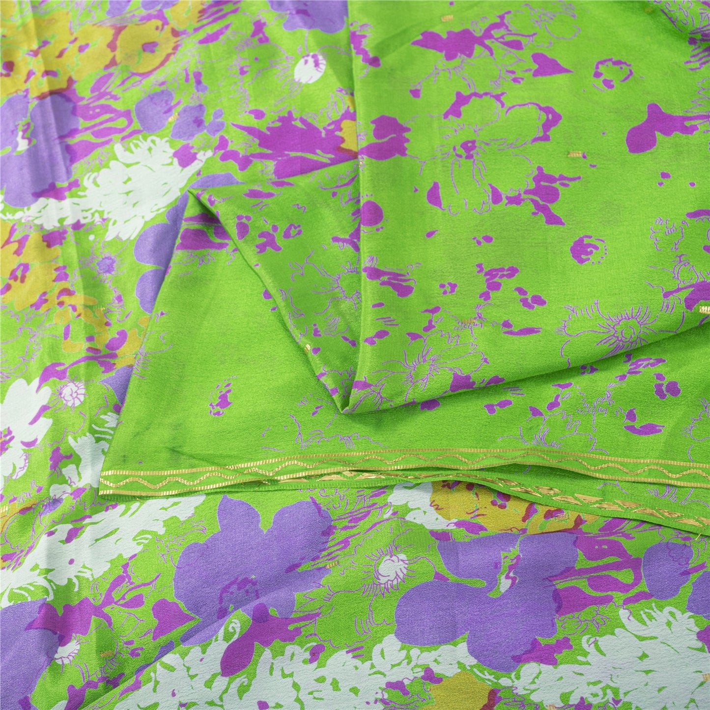 Sanskriti Vintage Sarees Green Pure Silk Floral Printed Sari 6+yd Craft Fabric
