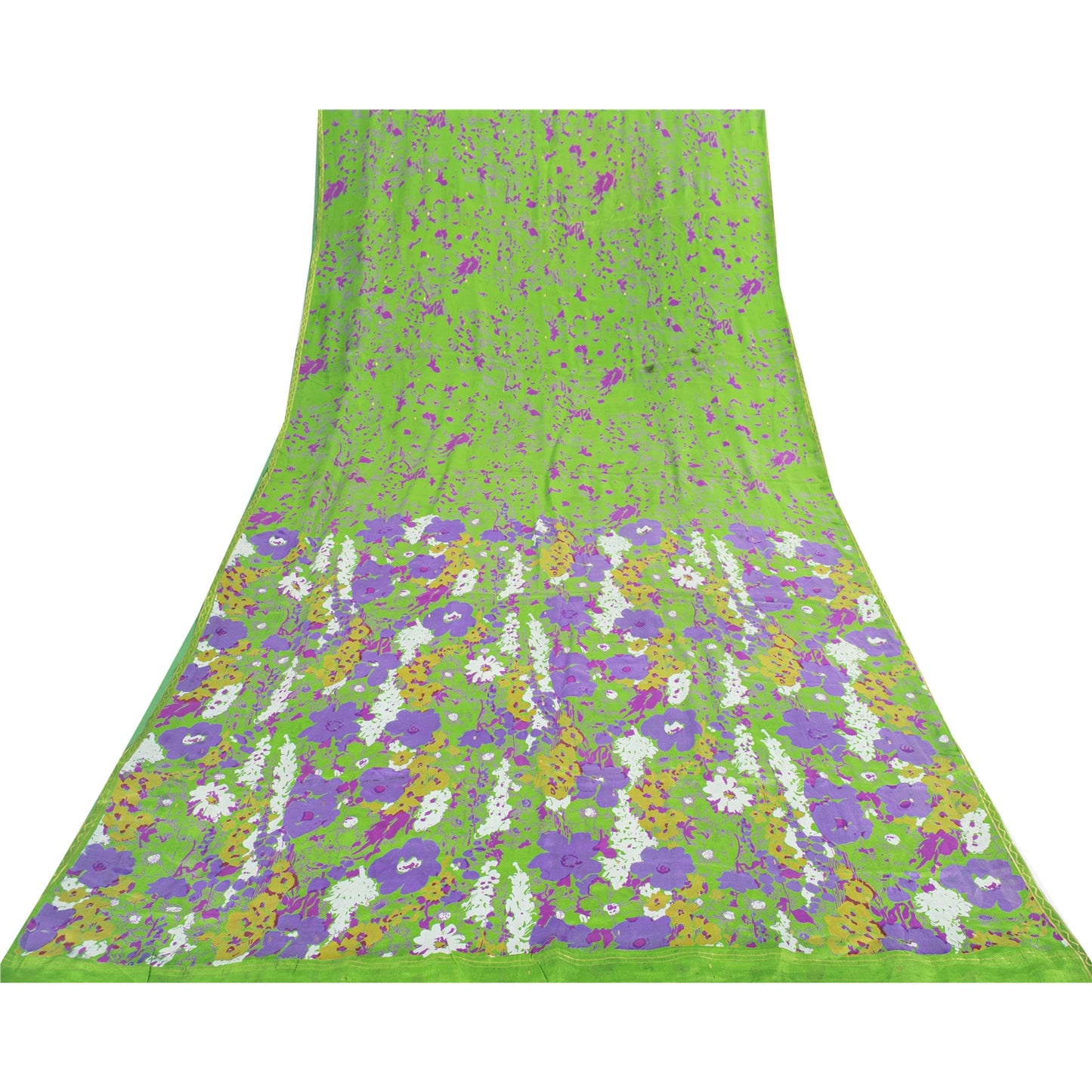 Sanskriti Vintage Sarees Green Pure Silk Floral Printed Sari 6+yd Craft Fabric