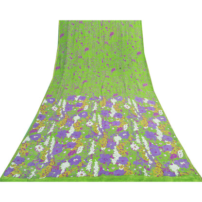 Sanskriti Vintage Sarees Green Pure Silk Floral Printed Sari 6+yd Craft Fabric