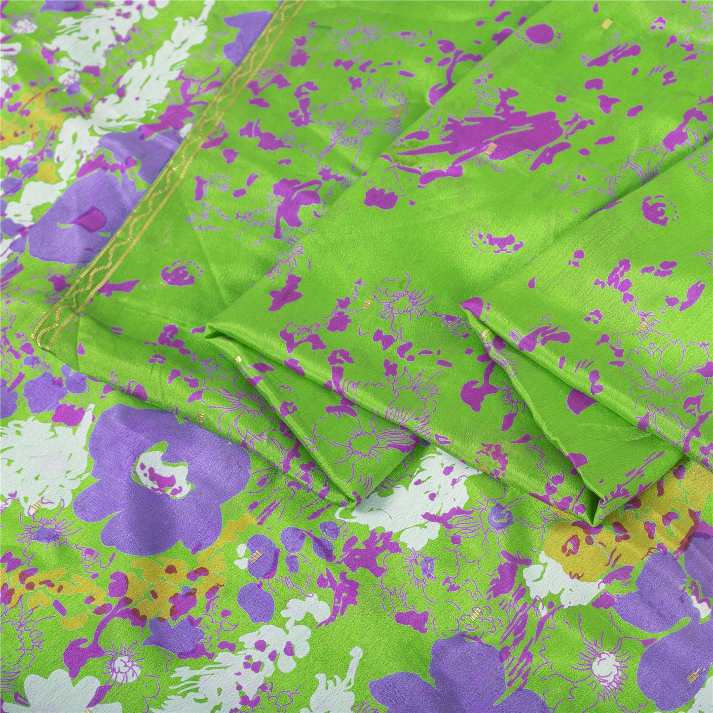 Sanskriti Vintage Sarees Green Pure Silk Floral Printed Sari 6+yd Craft Fabric