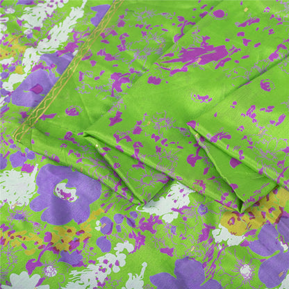 Sanskriti Vintage Sarees Green Pure Silk Floral Printed Sari 6+yd Craft Fabric