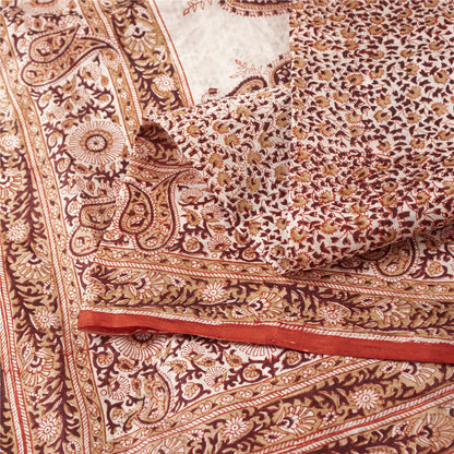 Sanskriti Vintage Sarees Cream & Red Pure Silk Printed Sari 5+yd Craft Fabric