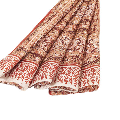 Sanskriti Vintage Sarees Cream & Red Pure Silk Printed Sari 5+yd Craft Fabric