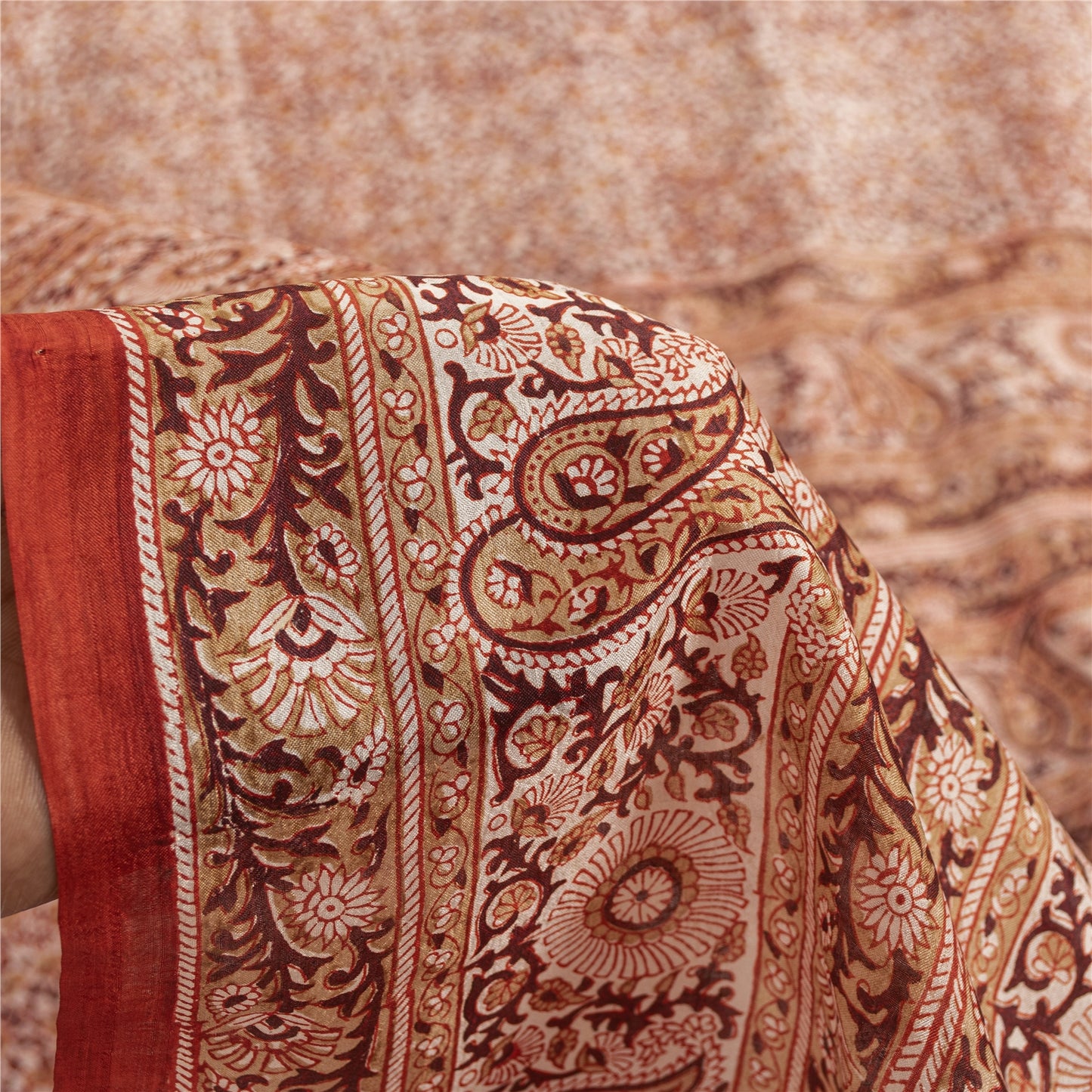 Sanskriti Vintage Sarees Cream & Red Pure Silk Printed Sari 5+yd Craft Fabric