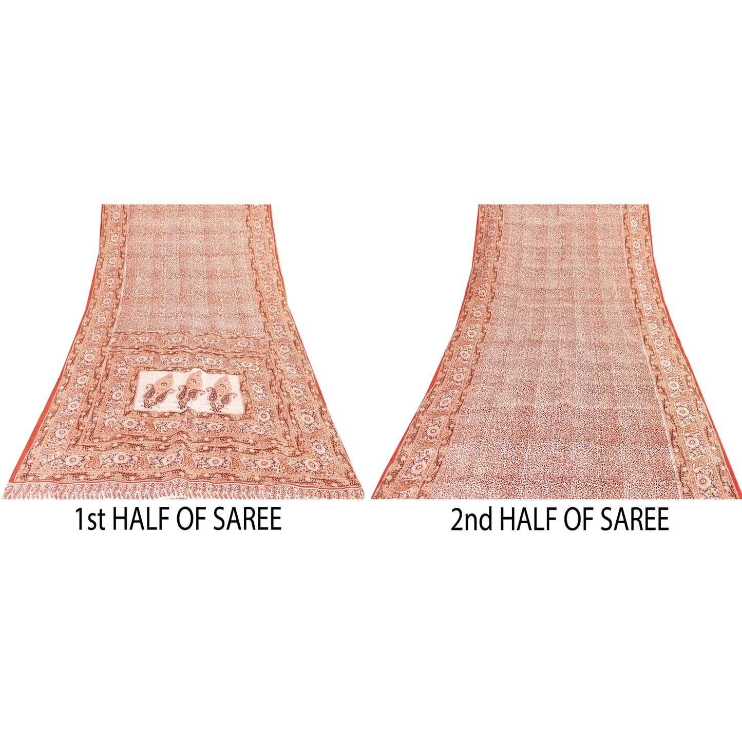 Sanskriti Vintage Sarees Cream & Red Pure Silk Printed Sari 5+yd Craft Fabric