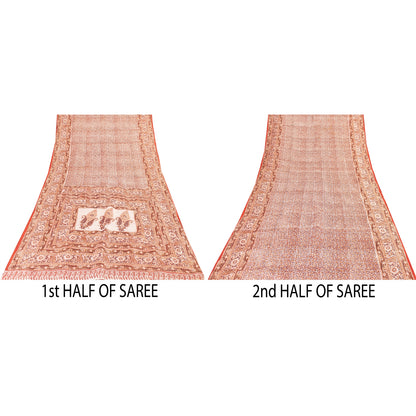 Sanskriti Vintage Sarees Cream & Red Pure Silk Printed Sari 5+yd Craft Fabric