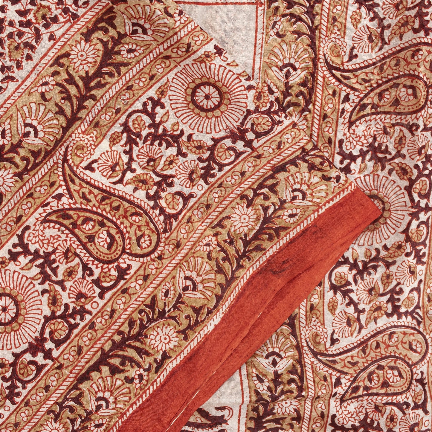 Sanskriti Vintage Sarees Cream & Red Pure Silk Printed Sari 5+yd Craft Fabric