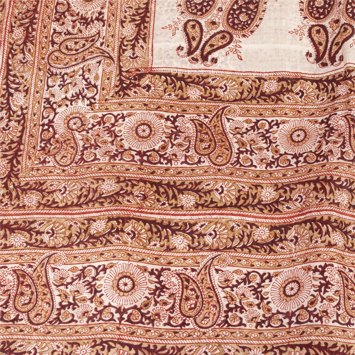 Sanskriti Vintage Sarees Cream & Red Pure Silk Printed Sari 5+yd Craft Fabric