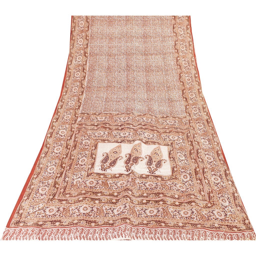 Sanskriti Vintage Sarees Cream & Red Pure Silk Printed Sari 5+yd Craft Fabric