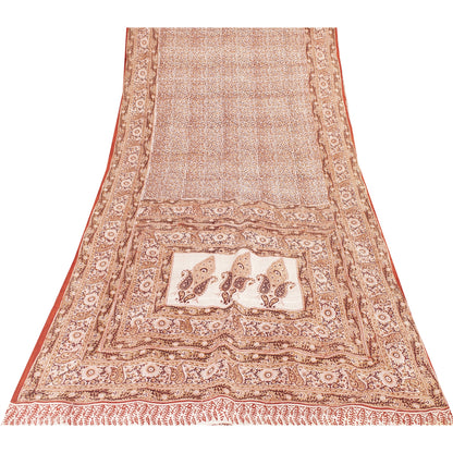 Sanskriti Vintage Sarees Cream & Red Pure Silk Printed Sari 5+yd Craft Fabric