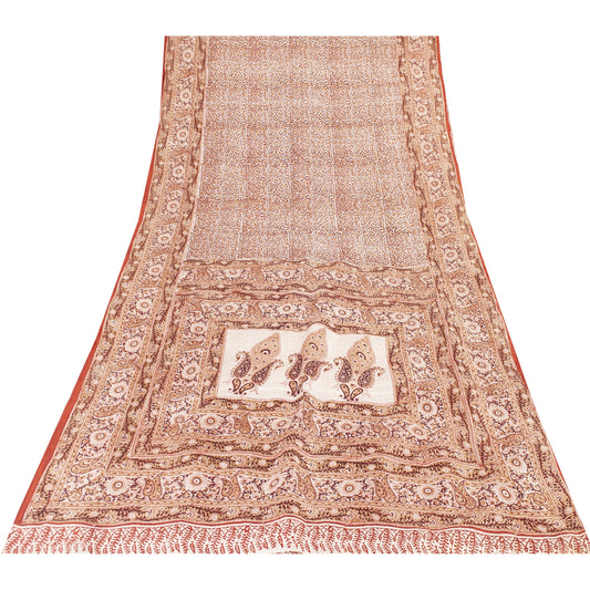 Sanskriti Vintage Sarees Cream & Red Pure Silk Printed Sari 5+yd Craft Fabric