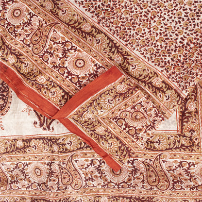 Sanskriti Vintage Sarees Cream & Red Pure Silk Printed Sari 5+yd Craft Fabric