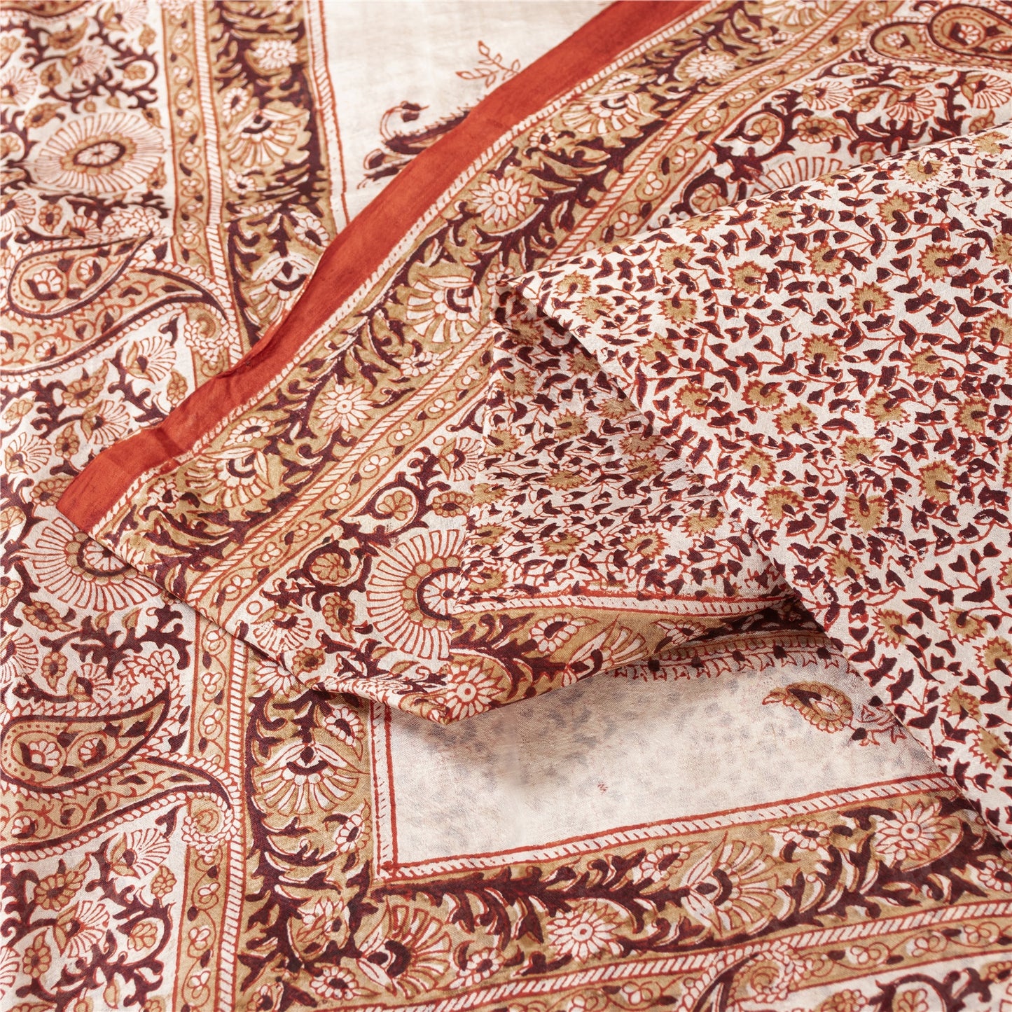 Sanskriti Vintage Sarees Cream & Red Pure Silk Printed Sari 5+yd Craft Fabric
