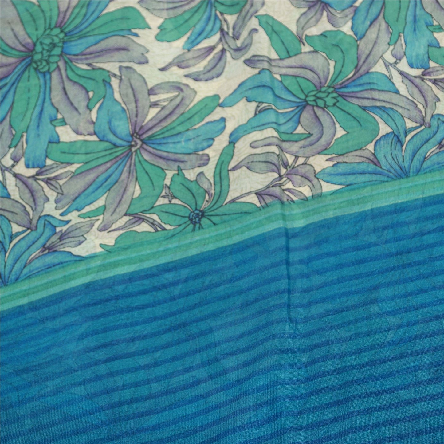 Sanskriti Vintage Sarees Blue Pure Silk Floral Print 6+yd Sari For DIY Projects