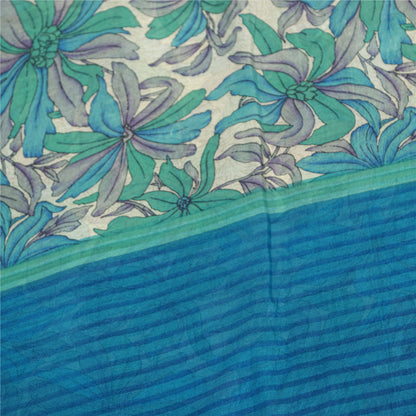 Sanskriti Vintage Sarees Blue Pure Silk Floral Print 6+yd Sari For DIY Projects