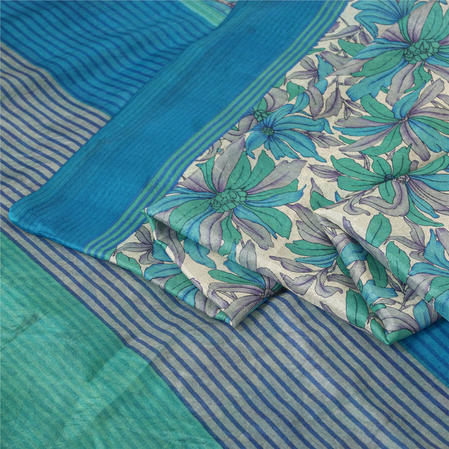 Sanskriti Vintage Sarees Blue Pure Silk Floral Print 6+yd Sari For DIY Projects