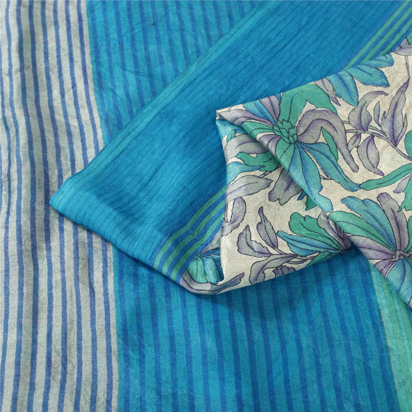 Sanskriti Vintage Sarees Blue Pure Silk Floral Print 6+yd Sari For DIY Projects