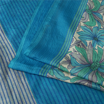 Sanskriti Vintage Sarees Blue Pure Silk Floral Print 6+yd Sari For DIY Projects