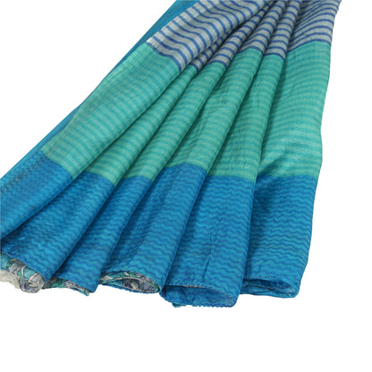 Sanskriti Vintage Sarees Blue Pure Silk Floral Print 6+yd Sari For DIY Projects