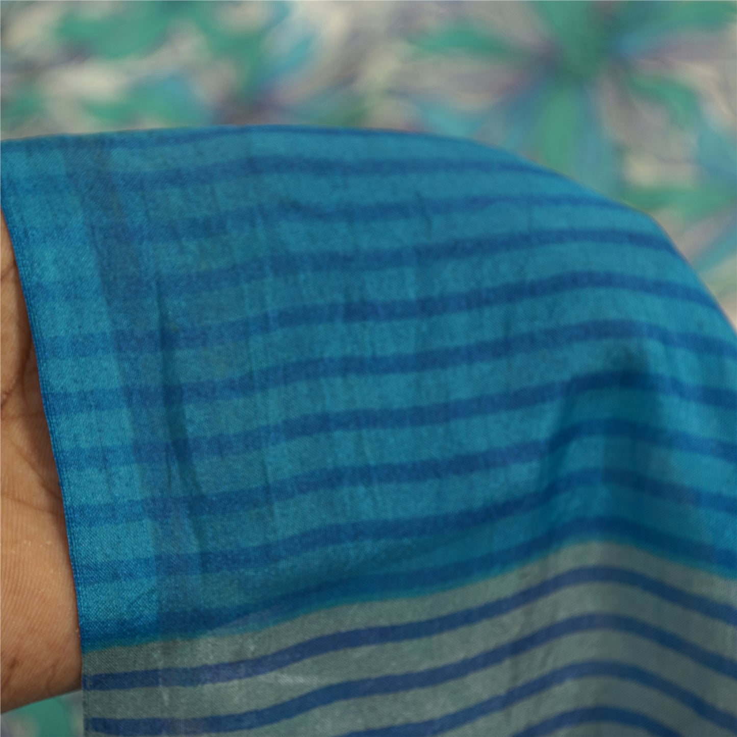 Sanskriti Vintage Sarees Blue Pure Silk Floral Print 6+yd Sari For DIY Projects