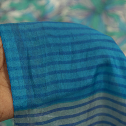 Sanskriti Vintage Sarees Blue Pure Silk Floral Print 6+yd Sari For DIY Projects
