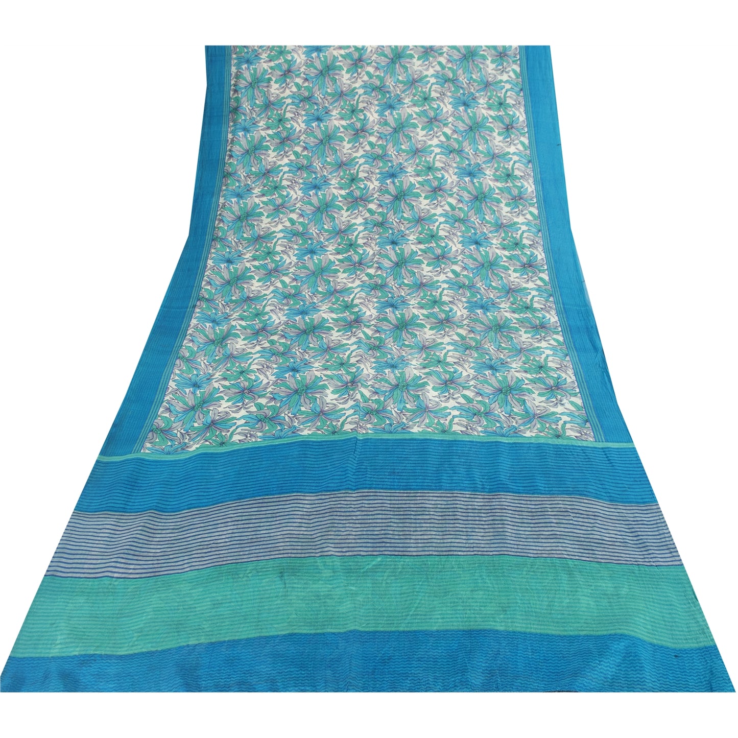 Sanskriti Vintage Sarees Blue Pure Silk Floral Print 6+yd Sari For DIY Projects