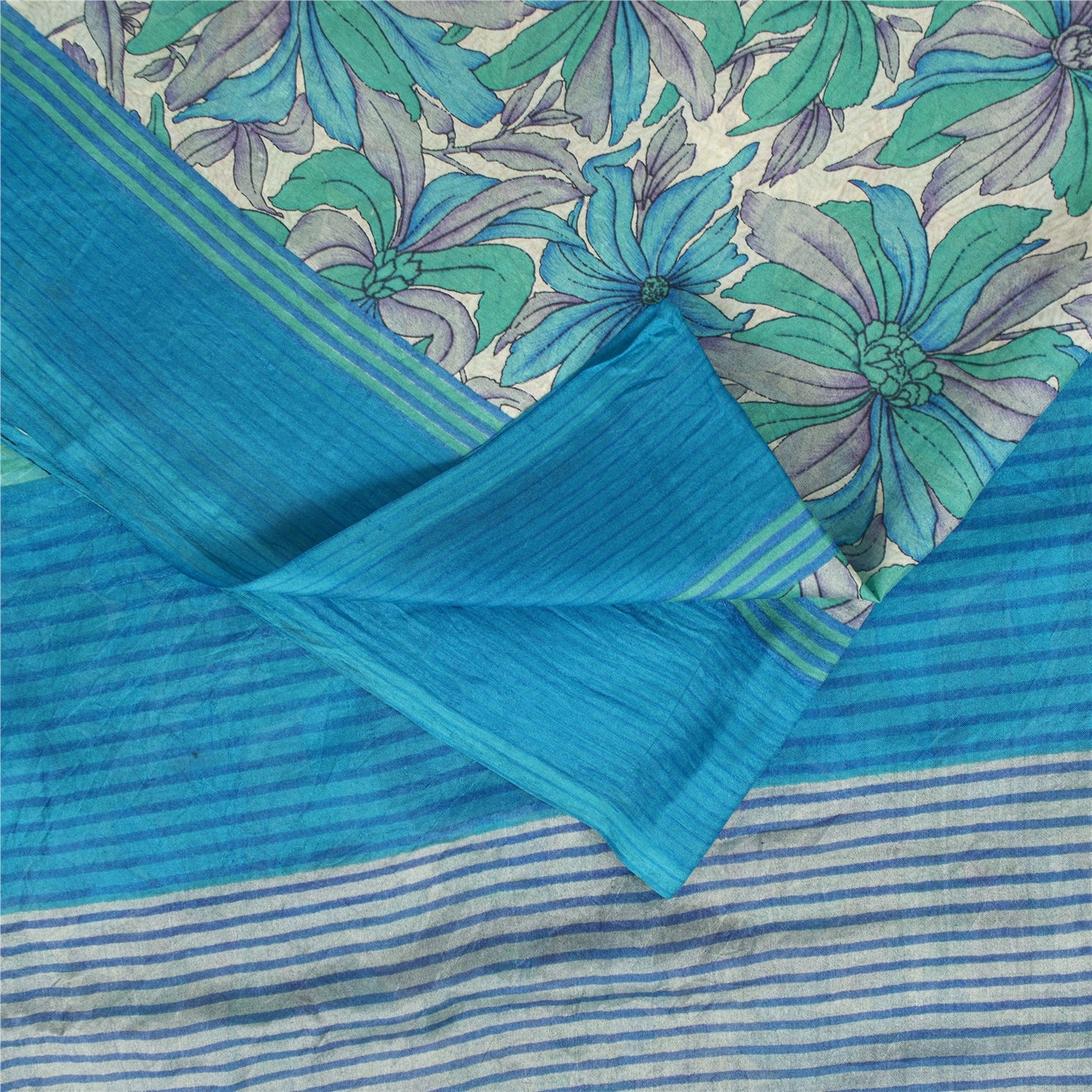 Sanskriti Vintage Sarees Blue Pure Silk Floral Print 6+yd Sari For DIY Projects