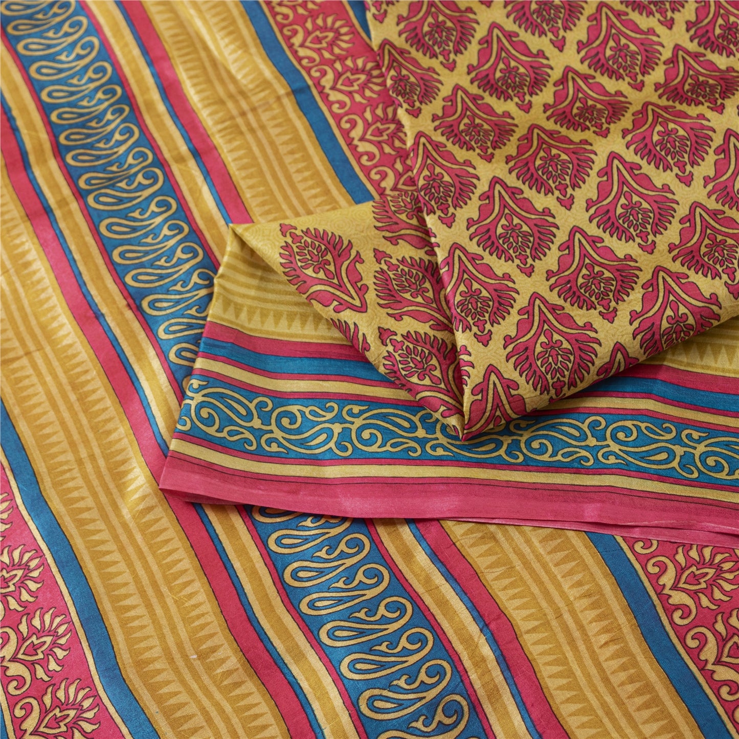 Sanskriti Vintage Sarees Pink & Cream Pure Silk Printed Sari 6+yd Craft Fabric