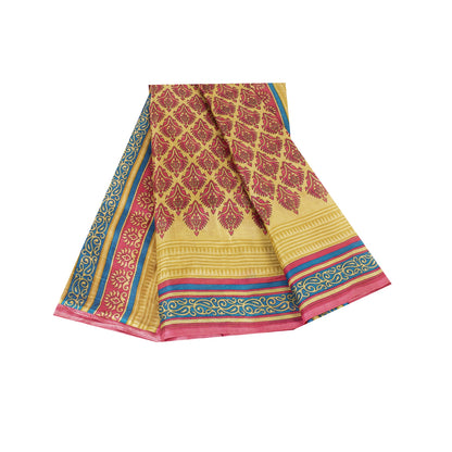 Sanskriti Vintage Sarees Pink & Cream Pure Silk Printed Sari 6+yd Craft Fabric