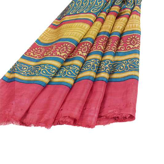 Sanskriti Vintage Sarees Pink & Cream Pure Silk Printed Sari 6+yd Craft Fabric