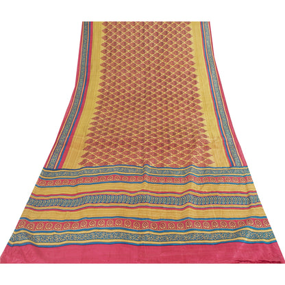 Sanskriti Vintage Sarees Pink & Cream Pure Silk Printed Sari 6+yd Craft Fabric
