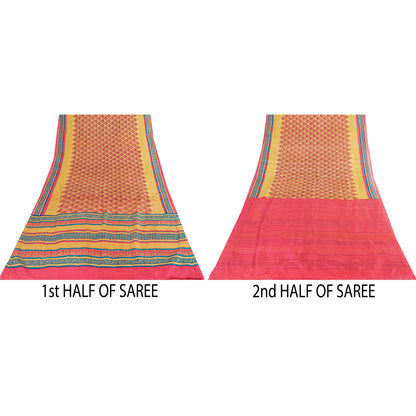 Sanskriti Vintage Sarees Pink & Cream Pure Silk Printed Sari 6+yd Craft Fabric