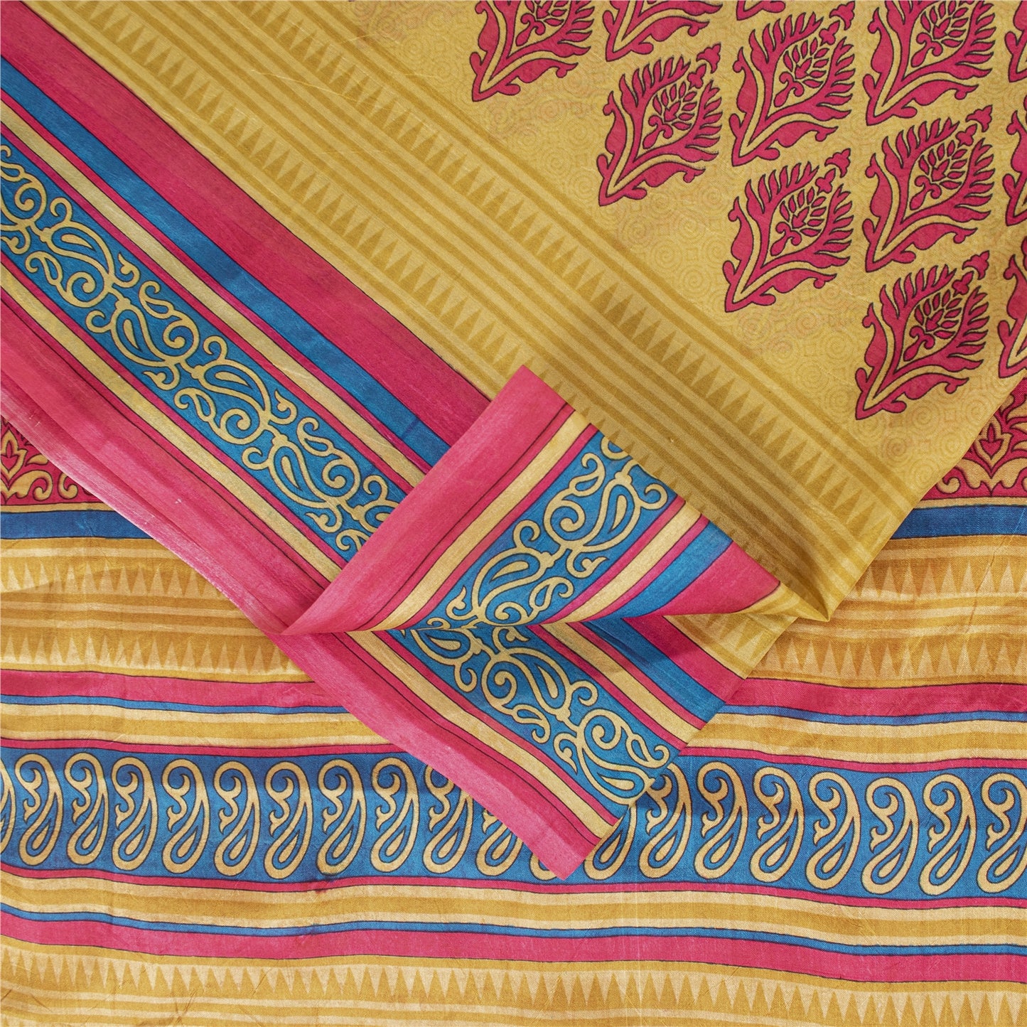 Sanskriti Vintage Sarees Pink & Cream Pure Silk Printed Sari 6+yd Craft Fabric